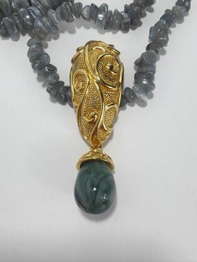 Jose Maria Barrera Avon Convertible Brooch Pendant Necklace Gold Tone Gray Beads